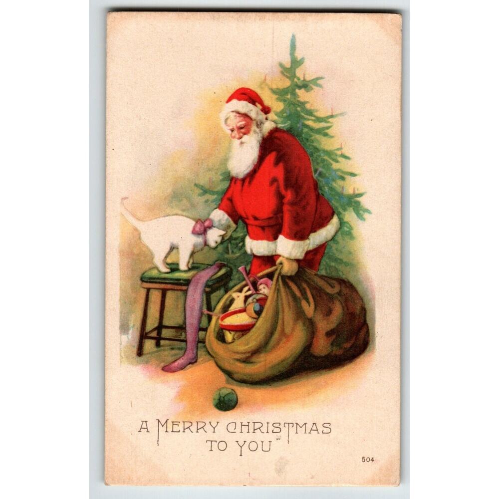 Santa Claus Father Christmas Postcard White Cat Gifts Tree 1925 Stamp Ser 504